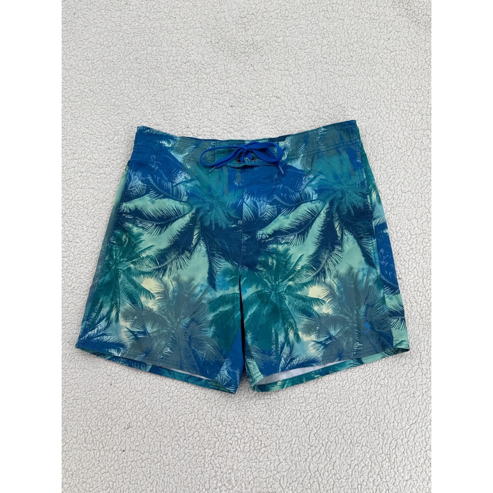 Reel Legends Men Size Large Swim Trunks Palm Tree Print Blue Green Board Shorts